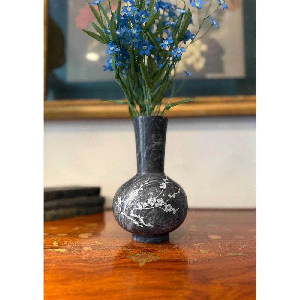 Vintage Etched Marble Vase • Hand-Carved Gray Stone‎ Floral Bud Vase